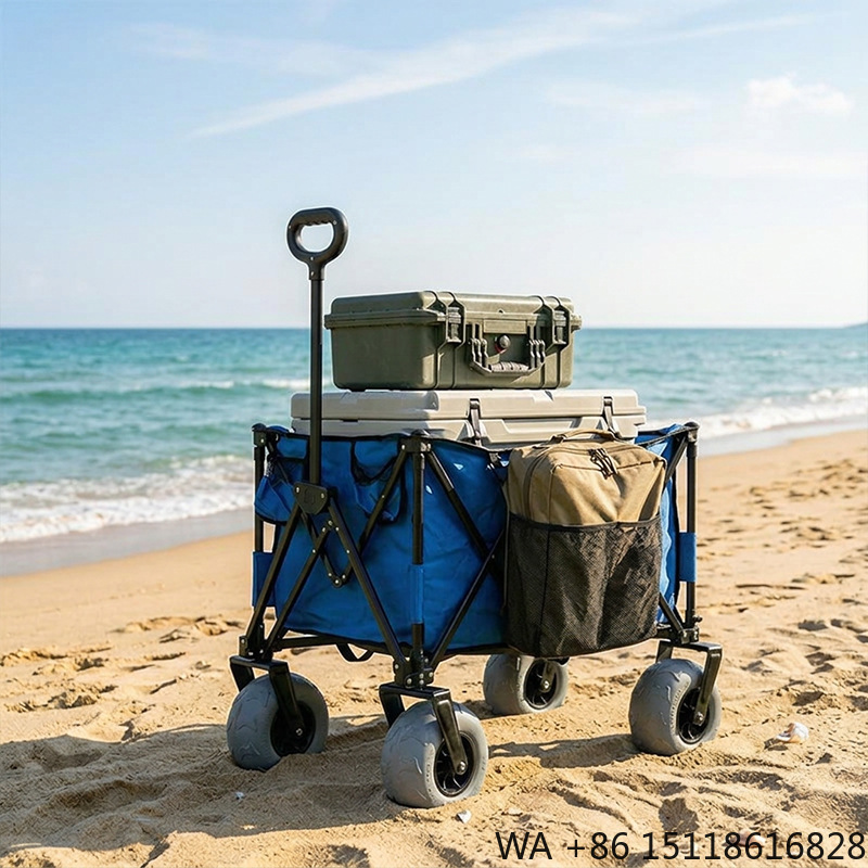 Outdoor Camping Folding Table - 折りたたみ式メタルビーチワゴン、クイックリリーススイベルバルーンホイール、コンパクトで広々としたキャンプカート、簡単に分解可能