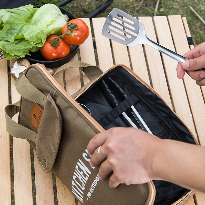 Outdoor Camping Utensils - 8 個キャンプキッチン調理器具セットポータブルバッグアウトドア旅行用品収納バッグステンレス鋼調理セットバーベキューピクニック用