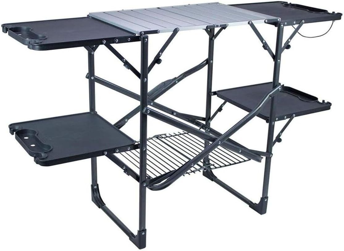 Outdoor Camping Folding Table - スリム折りたたみ式ポータブルキャンプキッチンテーブル、耐熱トップサイドシェルフ、収納ラック、ペーパータオルホルダー、ピクニックや屋外調理用クックステーション（ブラック）