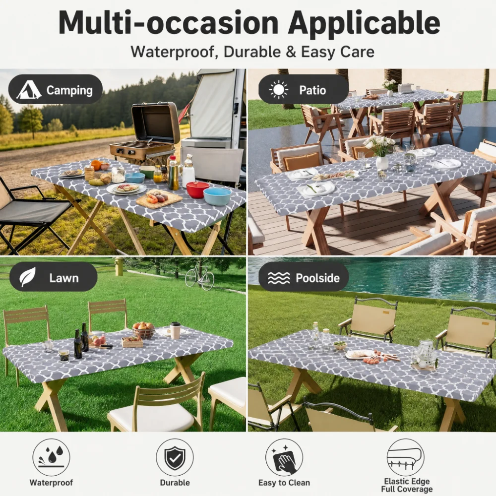 Outdoor Camping Folding Table - 長方形テーブルクロスカバー、ポリエステル製伸縮性テーブルクロス、6フィートの折りたたみテーブルに適合、ピクニック、キャンプ、アウトドアに最適