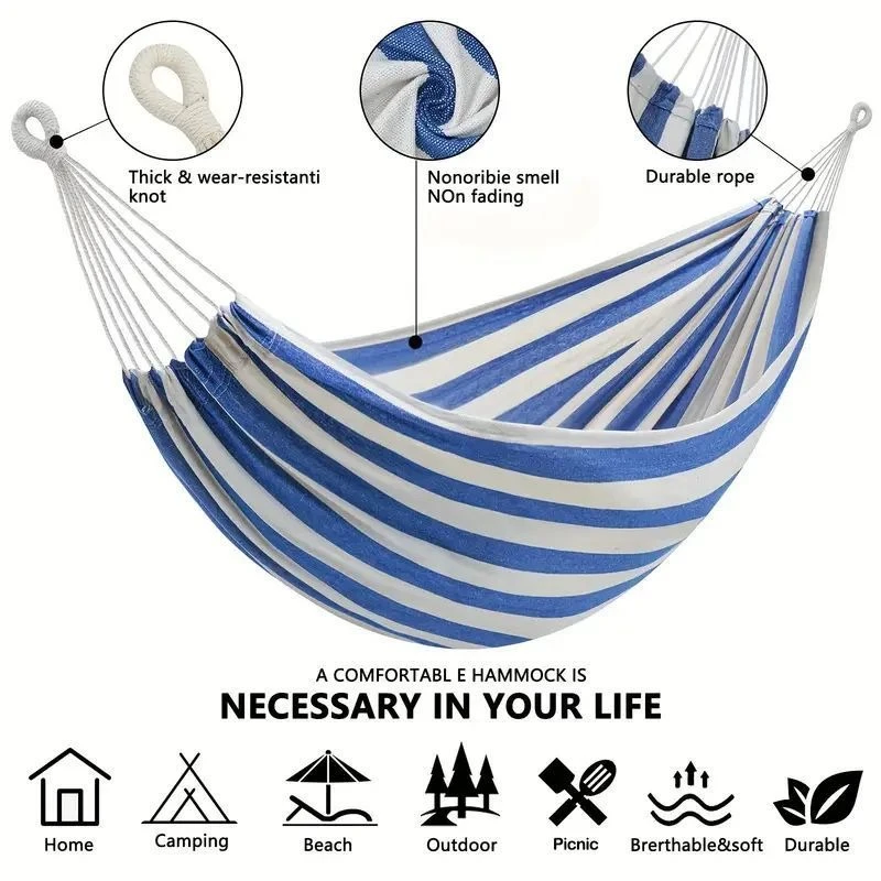 Outdoor Camping Hammock - キャンバス製木製スティックハンモック屋外キャンプ用吊り下げベッド屋内子供用スイング厚みのあるストライプハンモック付き転倒防止機能付き
