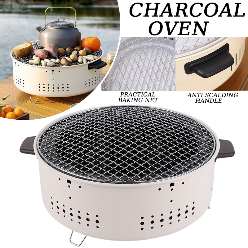 Outdoor Camping Oven - ポータブル丸バーベキューストーブ、取り外し可能なグリルネット、チャコールオーブン、ステンレス鋼ブラケット、アウトドアキャンプ、ビューlente、1個、3個