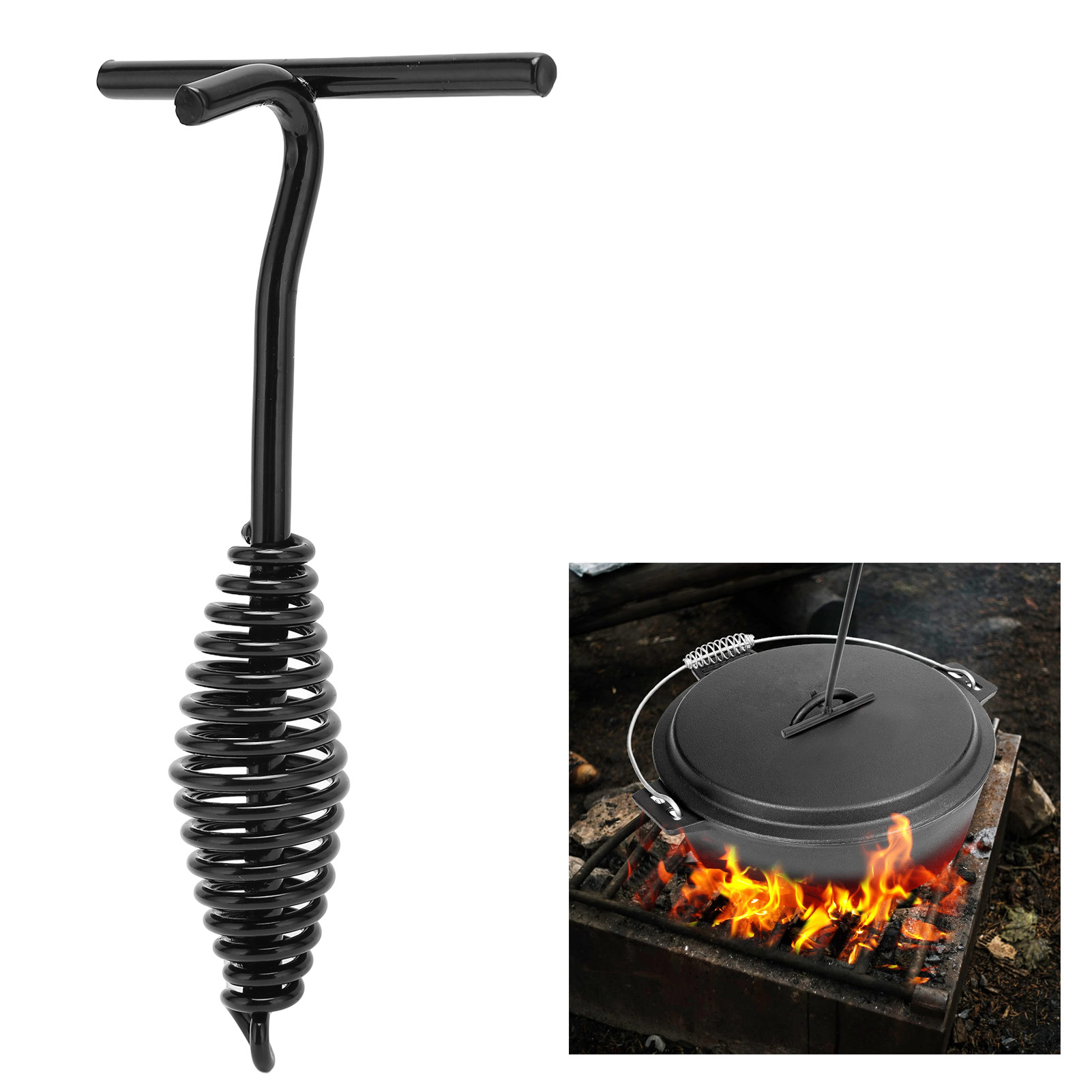 Outdoor Camping Oven - スパイラルハンドル付き鋳鉄製オランダオーブン蓋リフター、アウトドアキャンプやハイキングに適しています、19.5cm