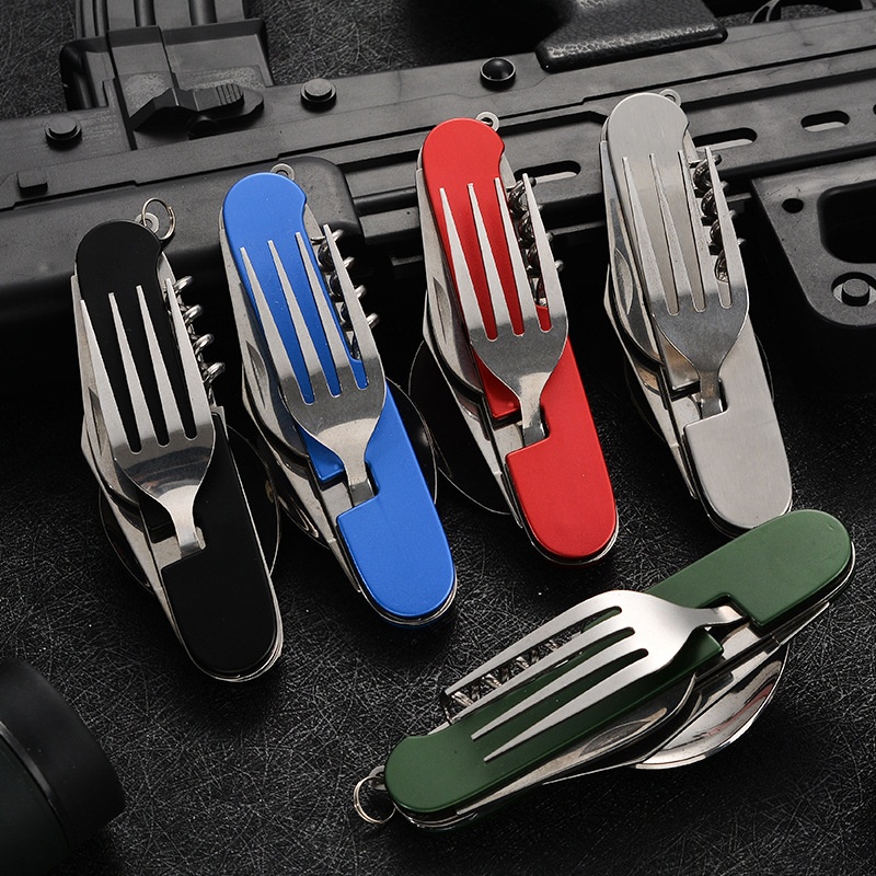 Outdoor Camping Utensils - 4 in 1 折りたたみ食器取り外し可能なキャンプ用品ステンレス鋼ナイフフォークスプーンオープナーポータブル屋外旅行カトラリー