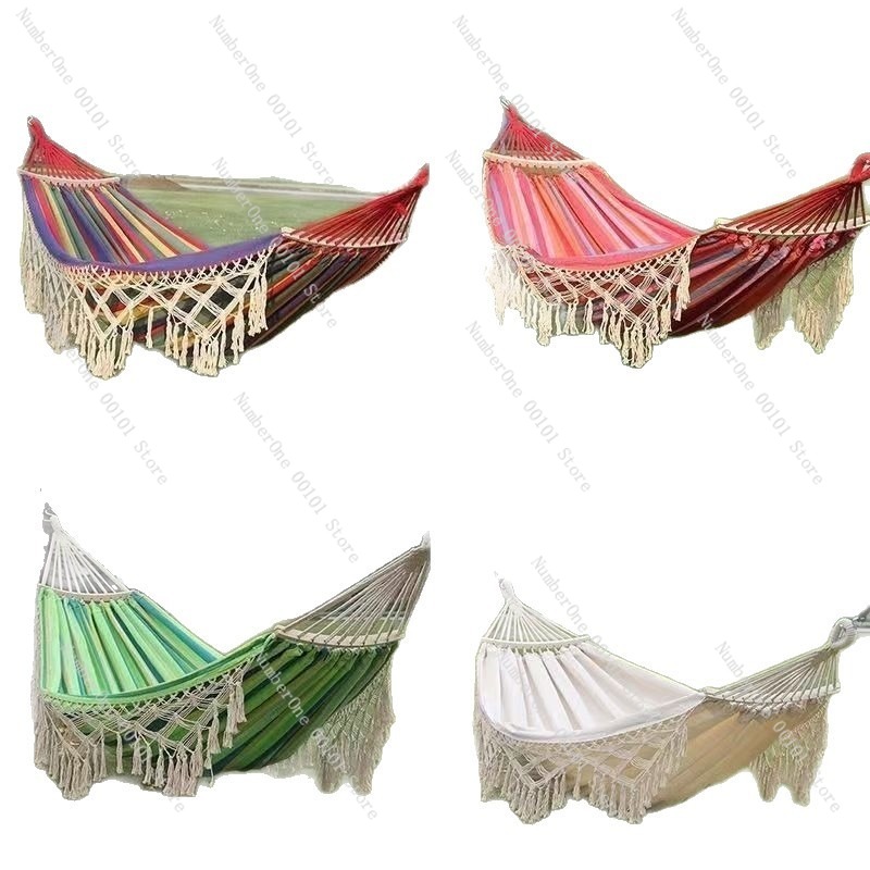 Outdoor Camping Hammock - キャンバスダブルハンモック タッセル付き 屋外キャンプスイング アンチロールハンギングチェア ポータブル厚手生地ハンモック ガーデンパティオ用