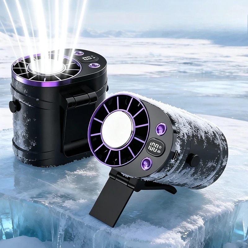 Outdoor Camping Ventilator - 充電式ポータブルウエストファン、アイス冷却機能付き、3段階風量調節、強力な風、クリップ式パーソナルミニエアコン、オフィスやキャンプに最適 ﻿