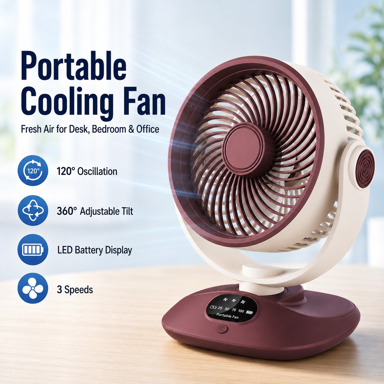 Outdoor Camping Ventilator - デスクトップファン充電式ターボエアサーキュレーター 3 速度 LED ディスプレイ静かなポータブルファン家庭用オフィス屋外キャンプ用