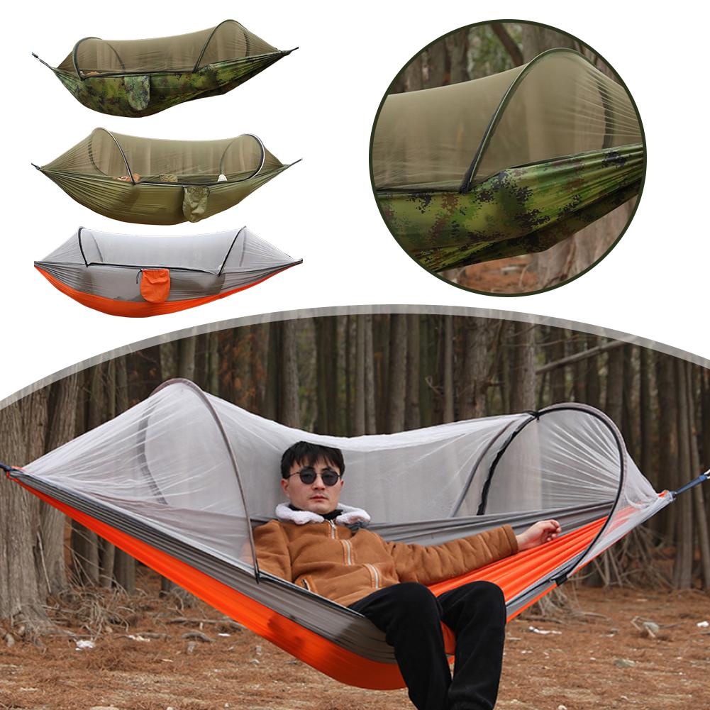 Outdoor Camping Hammock - 自動クイックセットアップハンモック蚊帳付き 210T ナイロン 2 人用屋外キャンプ抗蚊ハンモック旅行ハイキングギア