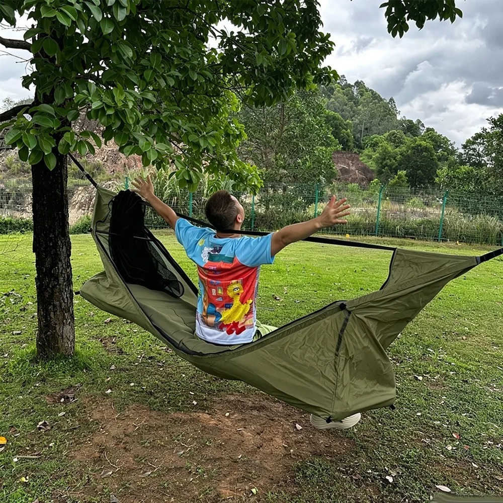 蚊帳付きフラットハンモック スイングキャンプテント 屋外用  - Outdoor Camping Hammock のレビューと価格